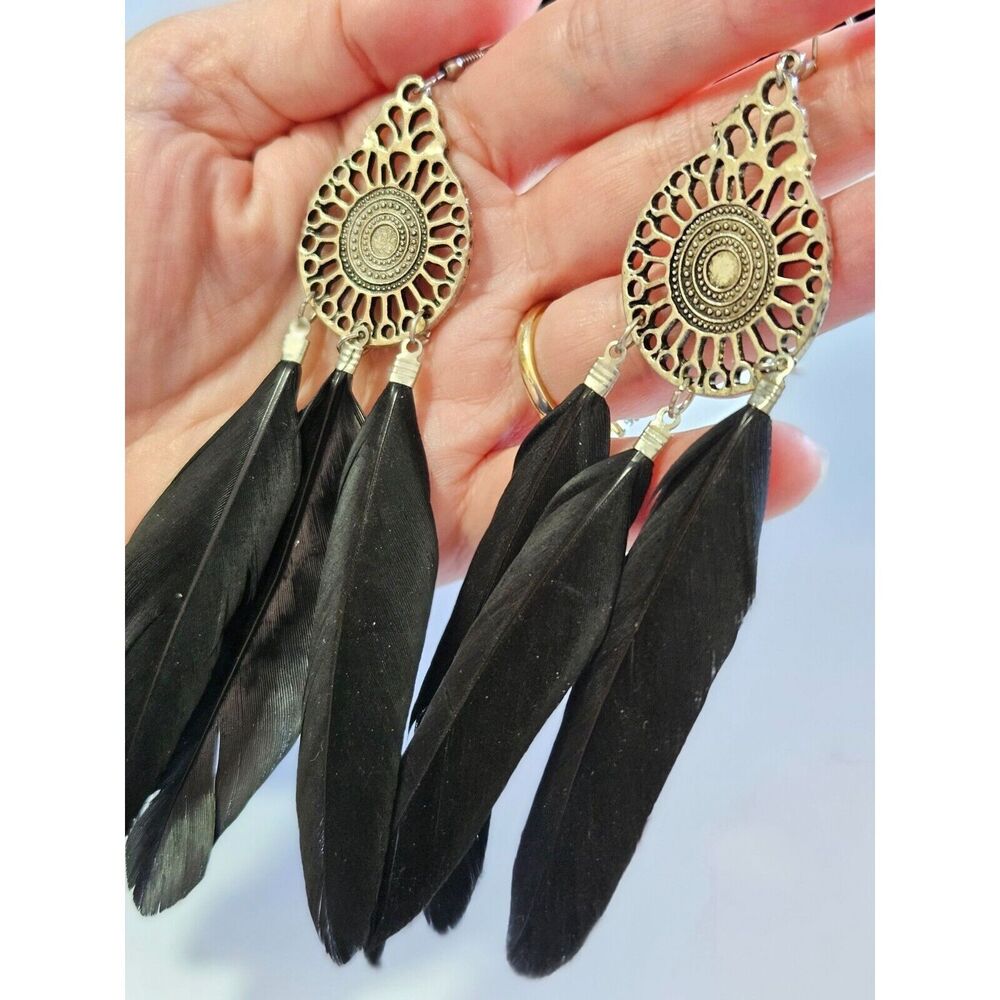 Silver tone black feather statement earrings - Picture 3 of 8